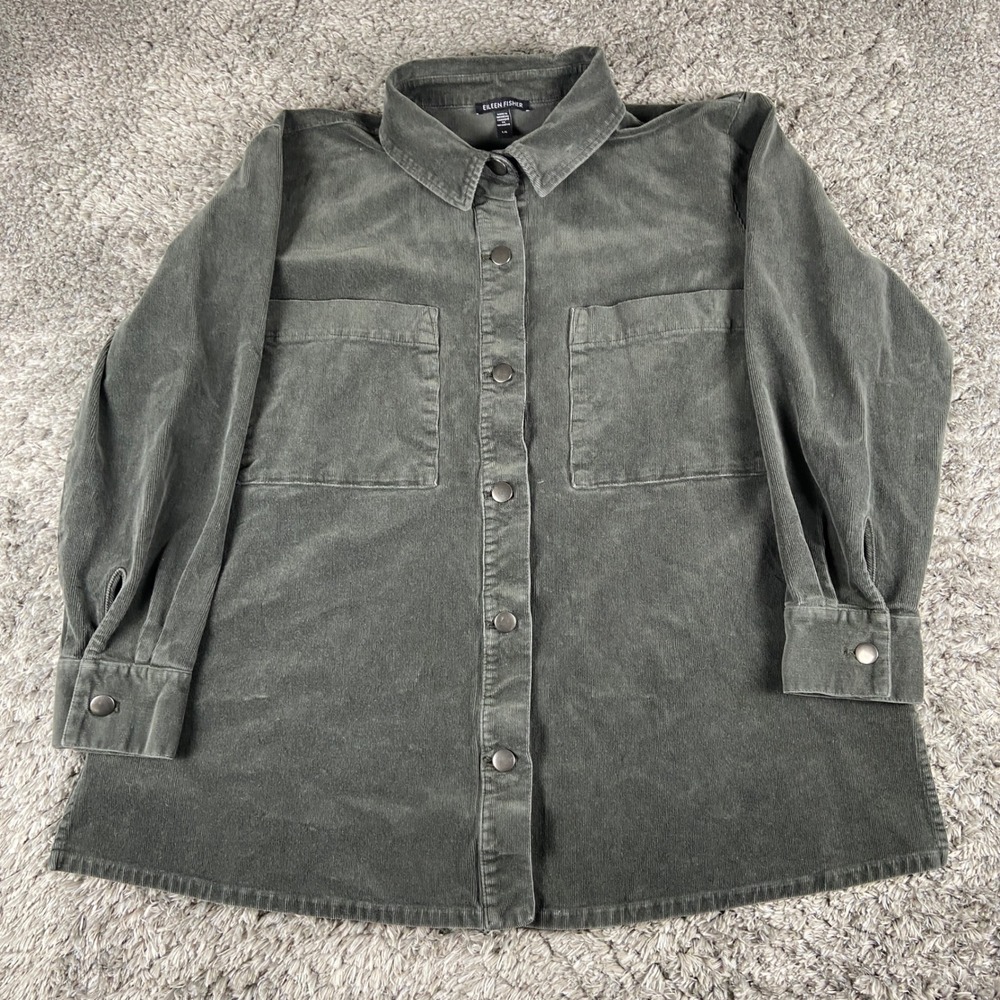 Eileen Fisher Shacket Women Large Grey Corduroy Long Sleeve Button Shirt Jacket